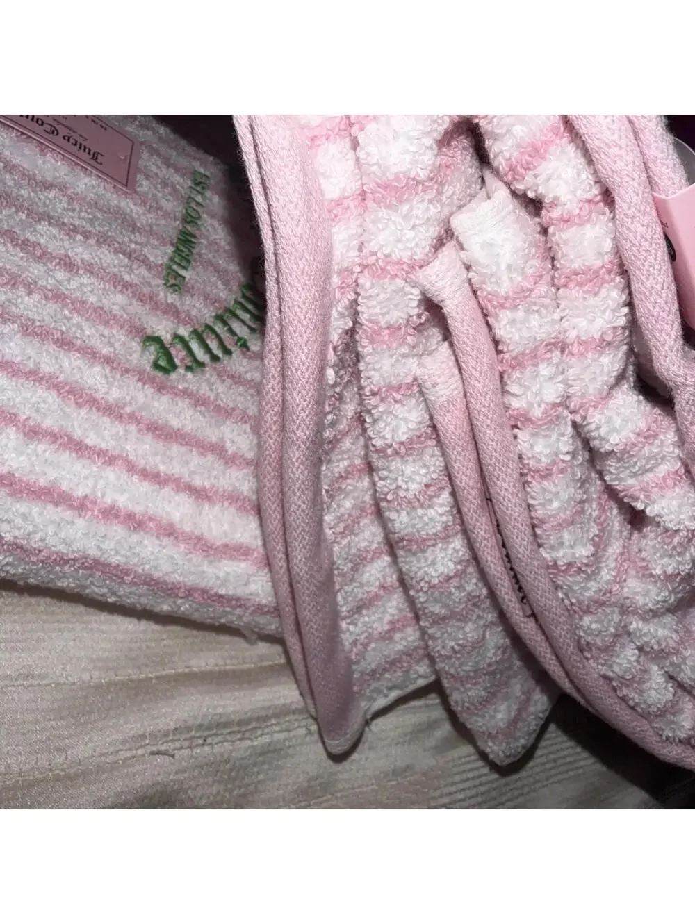 Juicy Couture Pink stripes w/ green logo Bath Towel Set 4PC Home Collection NWT
